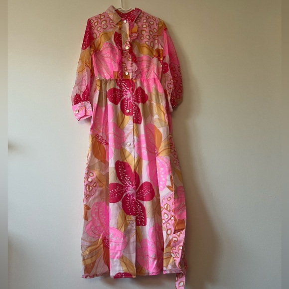 70’s Handmade Vintage Ruffle Button-Up Pink & Yellow Floral Maxi Dress w/ Belt - Picture 1 of 7